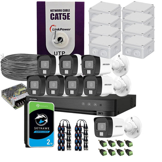 Smartsystem - Sistem supraveghere exterior complet HikVision, 8 camere, 5 MP, IR 25 m, lumina alba 20 m, 2.8 mm, microfon, HDD 2TB